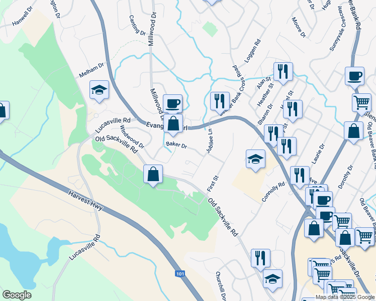 map of restaurants, bars, coffee shops, grocery stores, and more near 24 Baker Drive in Middle Sackville