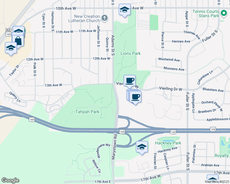 map of restaurants, bars, coffee shops, grocery stores, and more near 1326 Adams Street South in Shakopee