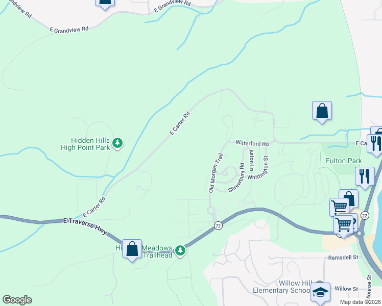 map of restaurants, bars, coffee shops, grocery stores, and more near 10705 Old Morgan Trail in Traverse City