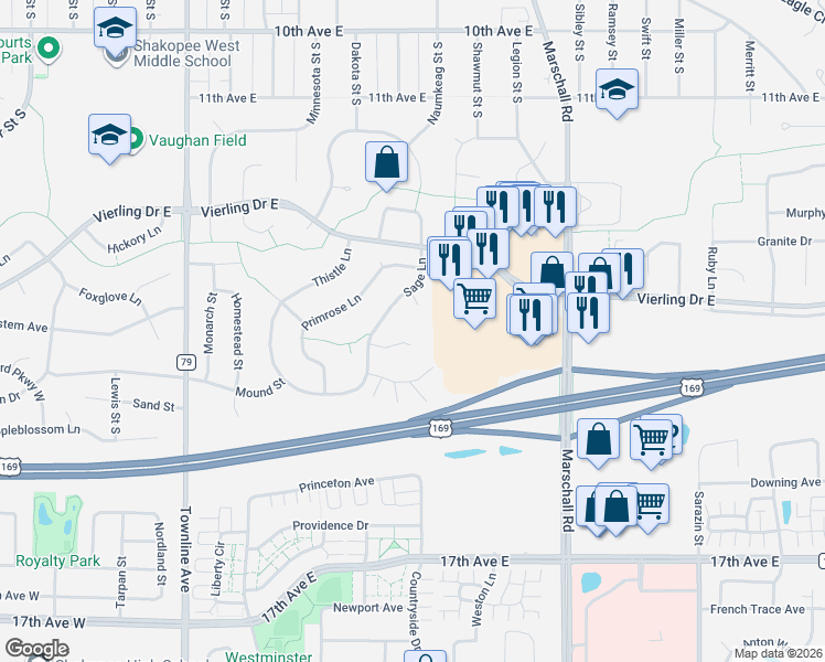 map of restaurants, bars, coffee shops, grocery stores, and more near 1066 Lilac Court in Shakopee