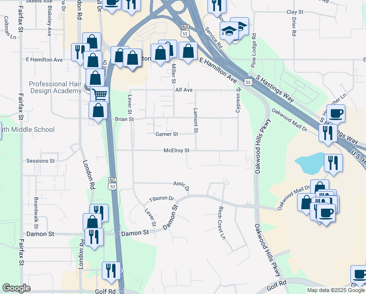 map of restaurants, bars, coffee shops, grocery stores, and more near 3431 McElroy Street in Eau Claire