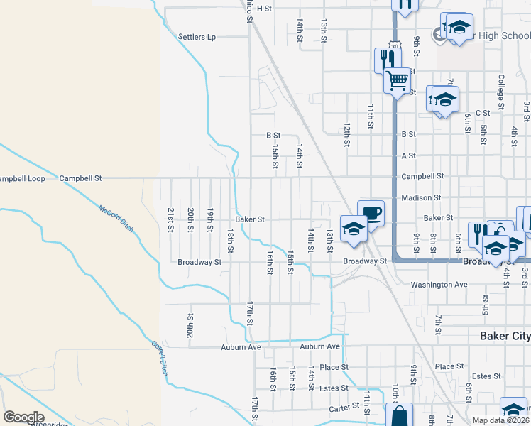 map of restaurants, bars, coffee shops, grocery stores, and more near 2305 16th Street in Baker City
