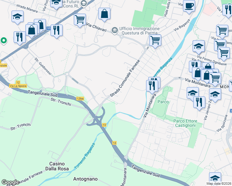 map of restaurants, bars, coffee shops, grocery stores, and more near 59 Via Pasquale Galluppi in Provincia di Parma