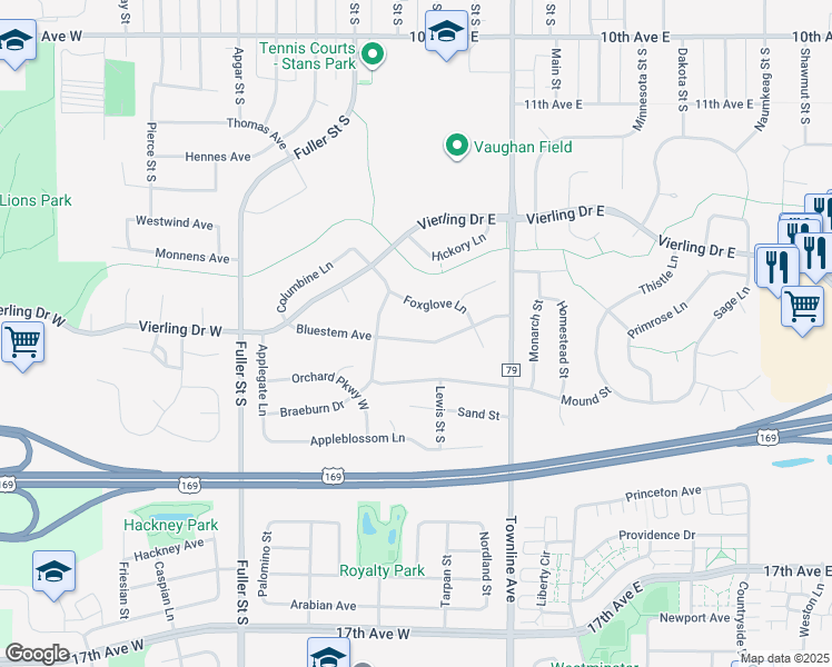 map of restaurants, bars, coffee shops, grocery stores, and more near 145 Bluestem Avenue in Shakopee
