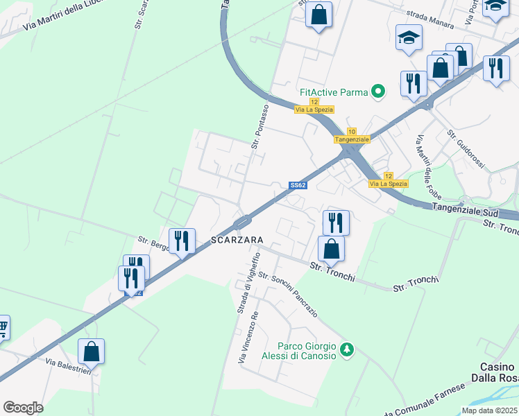 map of restaurants, bars, coffee shops, grocery stores, and more near 184 Via la Spezia in Parma
