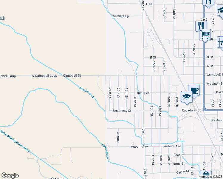 map of restaurants, bars, coffee shops, grocery stores, and more near 2320 21st Street in Baker City