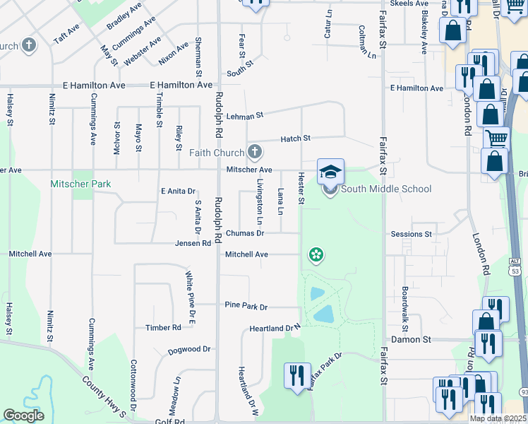 map of restaurants, bars, coffee shops, grocery stores, and more near 3627 Livingston Lane in Eau Claire