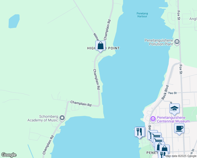 map of restaurants, bars, coffee shops, grocery stores, and more near 283 Champlain Road in Penetanguishene