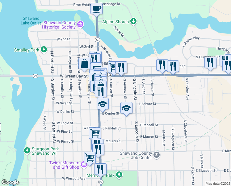 map of restaurants, bars, coffee shops, grocery stores, and more near 205 East Division Street in Shawano