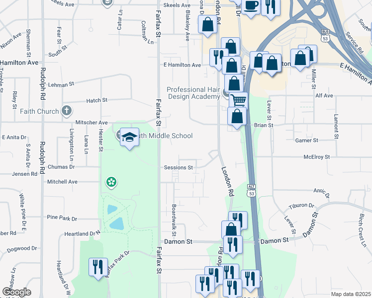 map of restaurants, bars, coffee shops, grocery stores, and more near 2415 Ridgeview Drive in Eau Claire