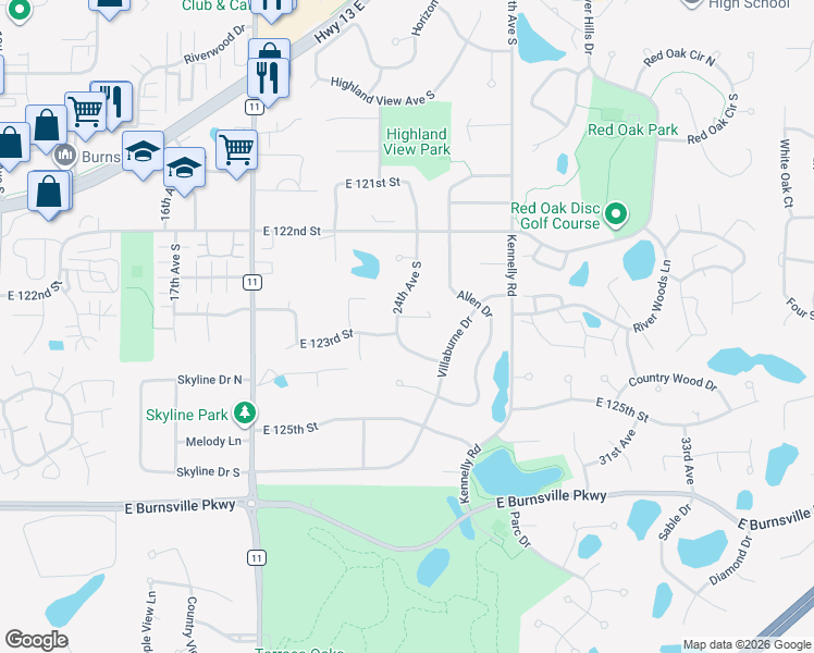 map of restaurants, bars, coffee shops, grocery stores, and more near 12239 24th Avenue in Burnsville