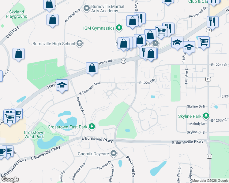 map of restaurants, bars, coffee shops, grocery stores, and more near 1000 Stratford Lane East in Burnsville
