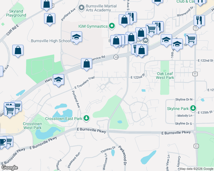 map of restaurants, bars, coffee shops, grocery stores, and more near 1000 Stratford Lane East in Burnsville