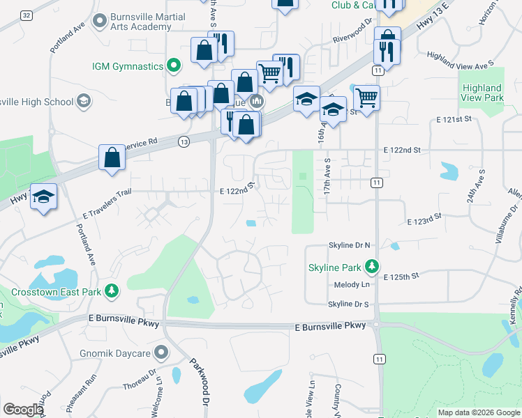 map of restaurants, bars, coffee shops, grocery stores, and more near 12273 Oak Leaf Court in Burnsville