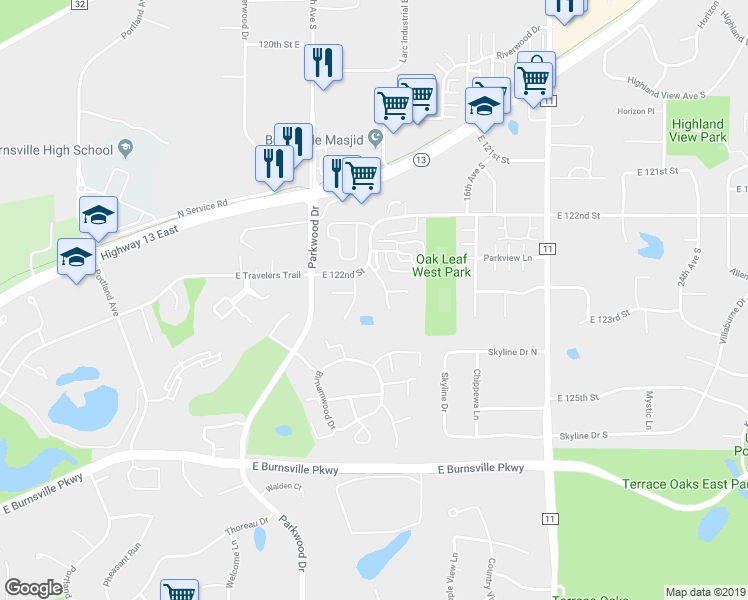 map of restaurants, bars, coffee shops, grocery stores, and more near 12306 Oak Leaf Court in Burnsville