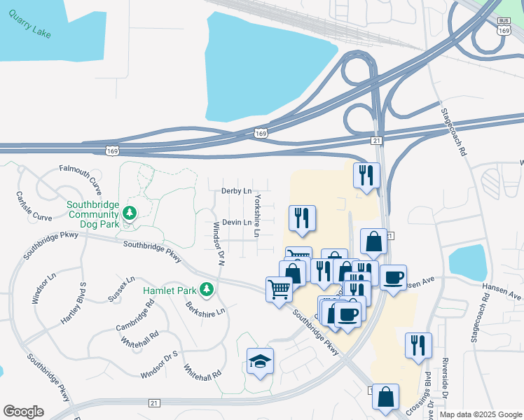 map of restaurants, bars, coffee shops, grocery stores, and more near 1347 Yorkshire Lane in Shakopee