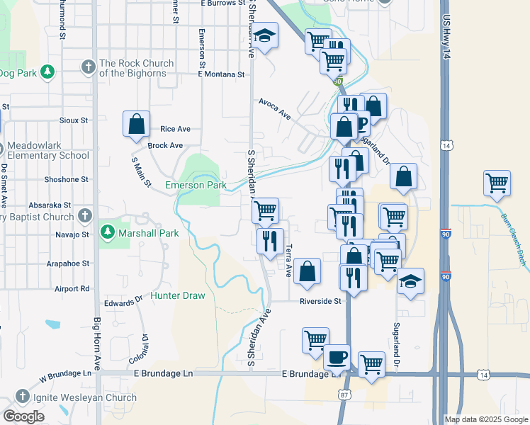 map of restaurants, bars, coffee shops, grocery stores, and more near 1751 South Sheridan Avenue in Sheridan