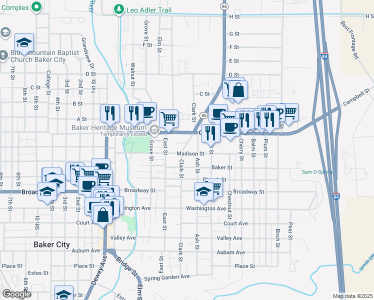 map of restaurants, bars, coffee shops, grocery stores, and more near 2445 Clark Street in Baker City