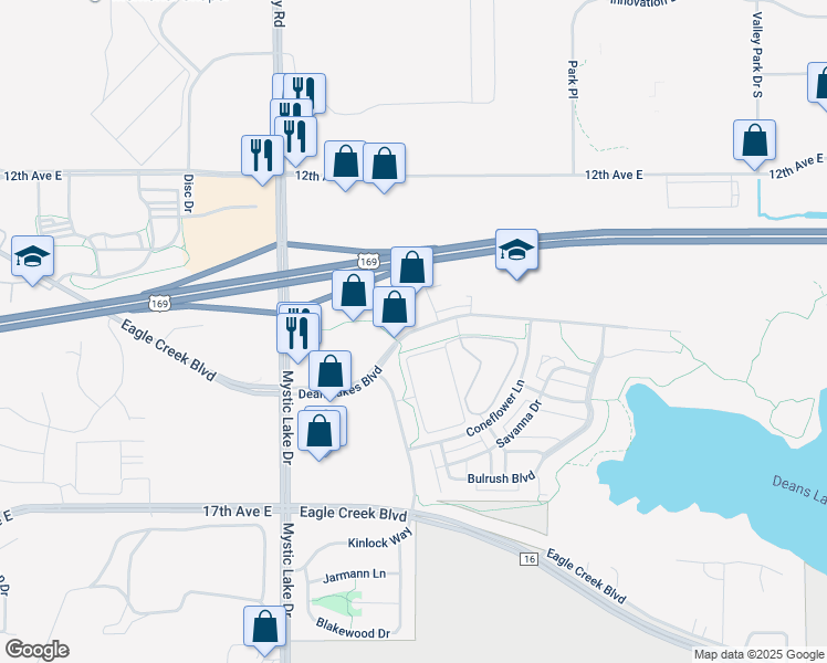 map of restaurants, bars, coffee shops, grocery stores, and more near 4450 Dean Lakes Boulevard in Shakopee
