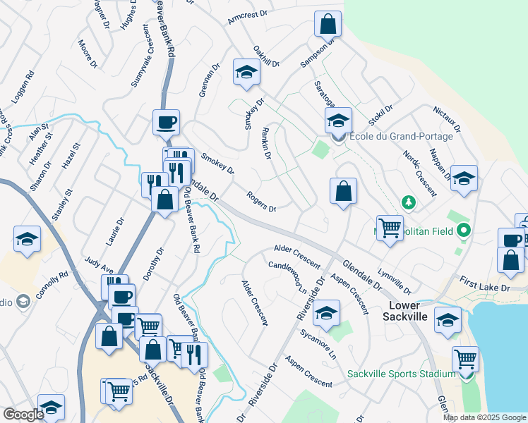 map of restaurants, bars, coffee shops, grocery stores, and more near 49 Rogers Drive in Lower Sackville