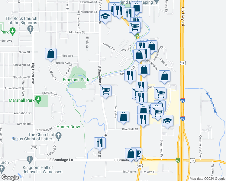 map of restaurants, bars, coffee shops, grocery stores, and more near 555 Turner Lane in Sheridan