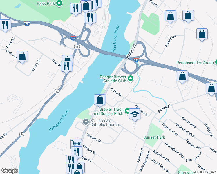 map of restaurants, bars, coffee shops, grocery stores, and more near 339 South Main Street in Brewer