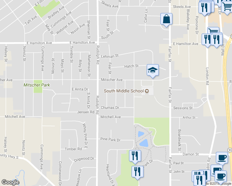 map of restaurants, bars, coffee shops, grocery stores, and more near 3617 Livingston Lane in Eau Claire