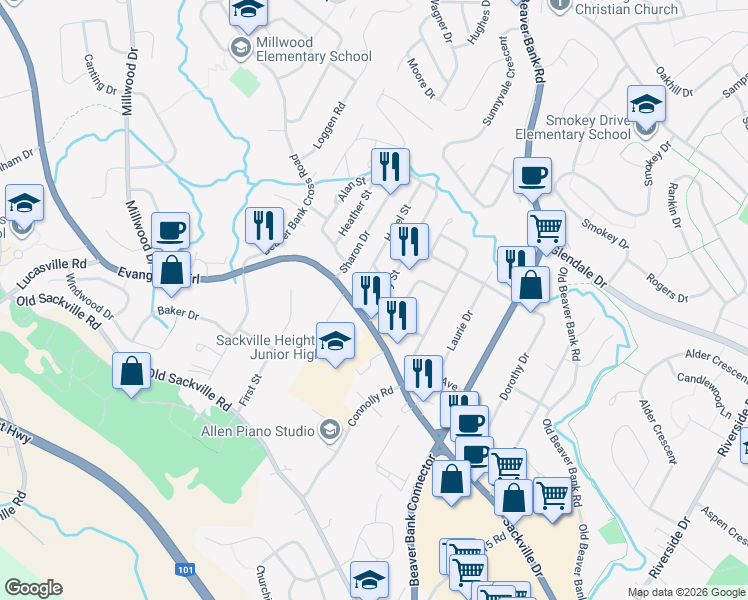 map of restaurants, bars, coffee shops, grocery stores, and more near 2 Mila Street in Middle Sackville
