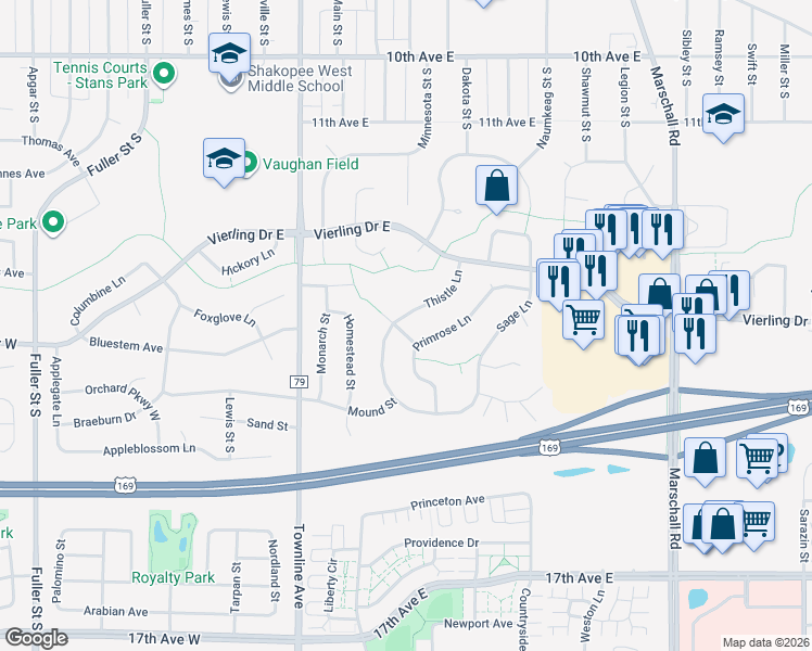 map of restaurants, bars, coffee shops, grocery stores, and more near 1397 Thistle Lane in Shakopee