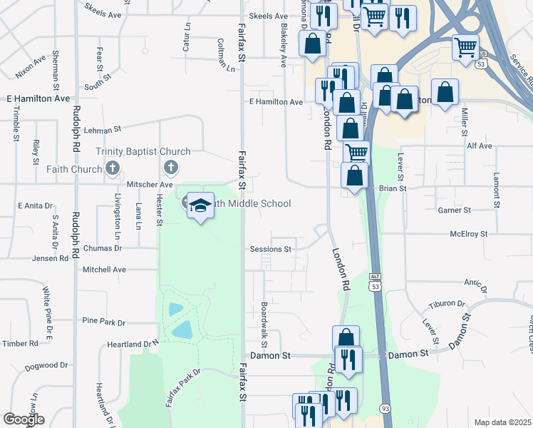 map of restaurants, bars, coffee shops, grocery stores, and more near 2333 Ridgeview Drive in Eau Claire