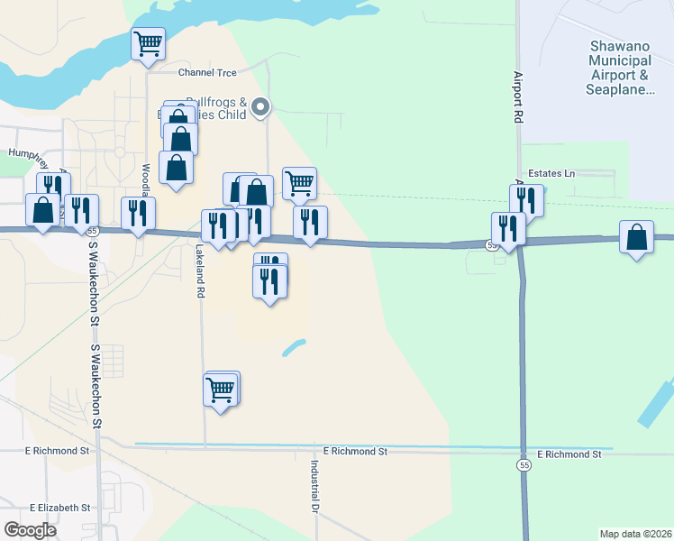 map of restaurants, bars, coffee shops, grocery stores, and more near 1276 East Green Bay Street in Shawano