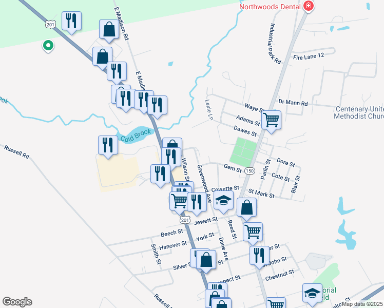 map of restaurants, bars, coffee shops, grocery stores, and more near 17 Cleveland Street in Skowhegan