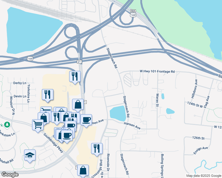 map of restaurants, bars, coffee shops, grocery stores, and more near 1331 Crossings Boulevard in Shakopee