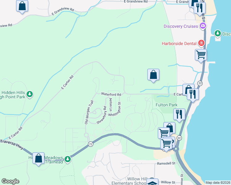 map of restaurants, bars, coffee shops, grocery stores, and more near 10627 Waterford Road in Traverse City