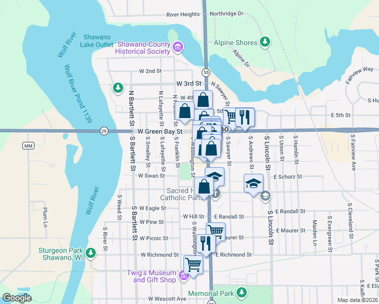 map of restaurants, bars, coffee shops, grocery stores, and more near 137 South Washington Street in Shawano