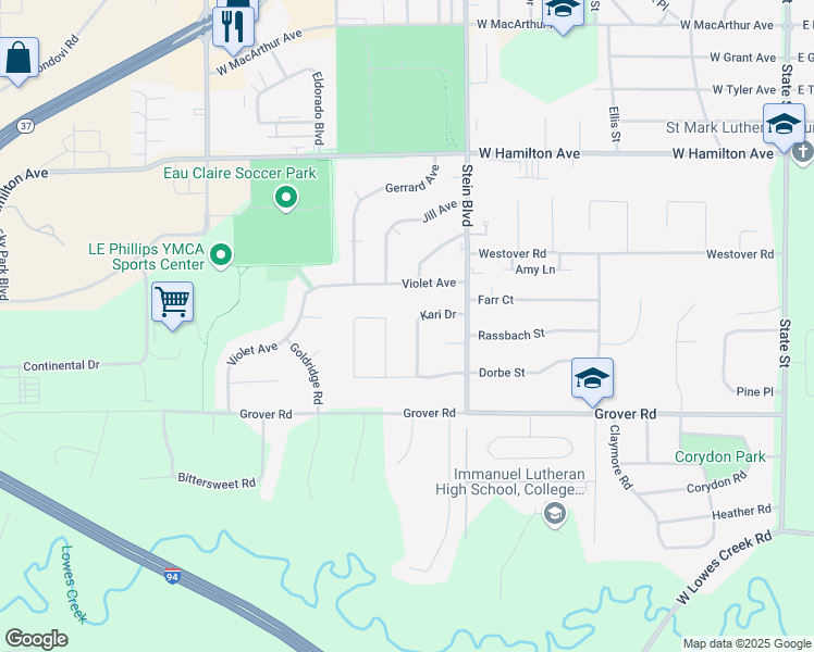 map of restaurants, bars, coffee shops, grocery stores, and more near 848 Kari Drive in Eau Claire