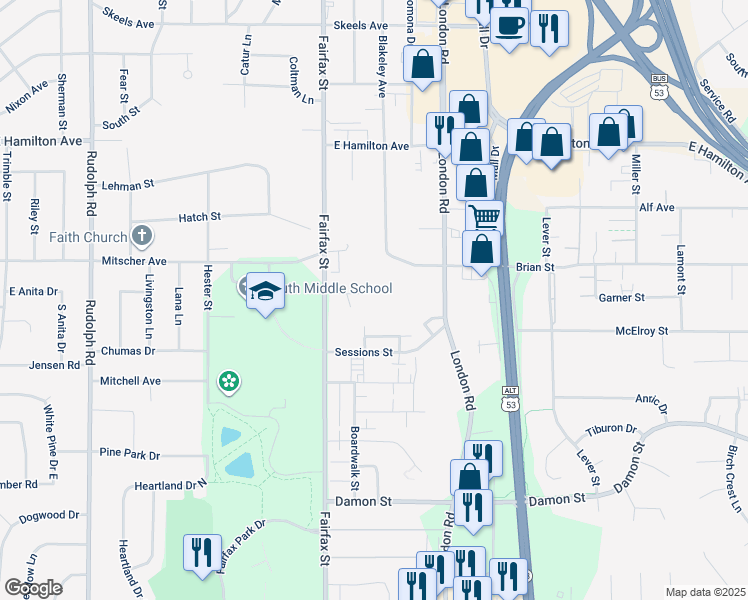 map of restaurants, bars, coffee shops, grocery stores, and more near 2415 Ridgeview Drive in Eau Claire