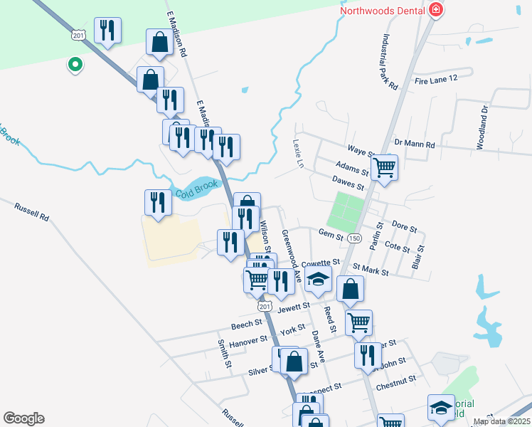 map of restaurants, bars, coffee shops, grocery stores, and more near 17 Cleveland Street in Skowhegan
