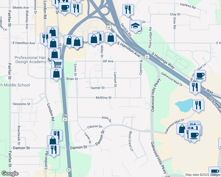 map of restaurants, bars, coffee shops, grocery stores, and more near 3413 Garner Street in Eau Claire