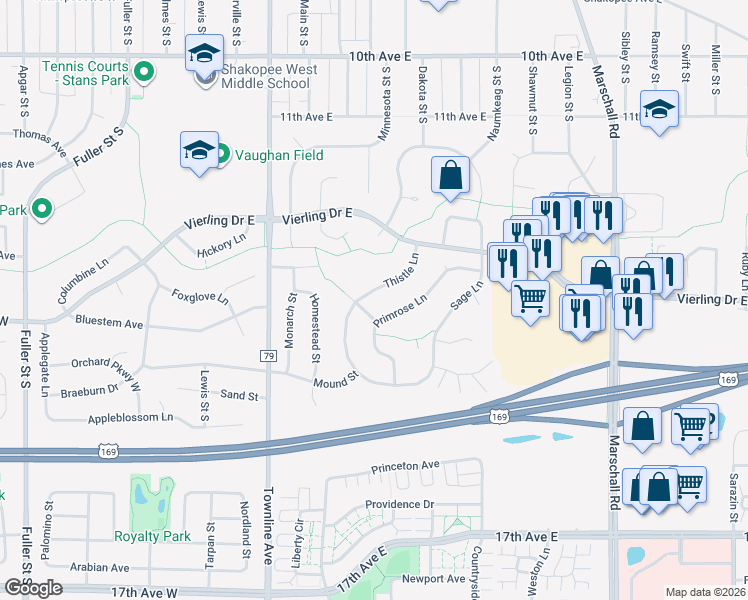 map of restaurants, bars, coffee shops, grocery stores, and more near 1397 Thistle Lane in Shakopee