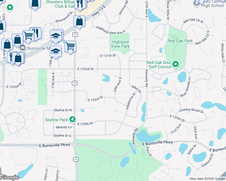 map of restaurants, bars, coffee shops, grocery stores, and more near 12232 24th Avenue South in Burnsville