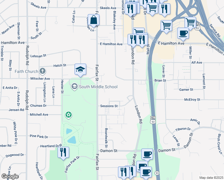 map of restaurants, bars, coffee shops, grocery stores, and more near 2415 Ridgeview Drive in Eau Claire
