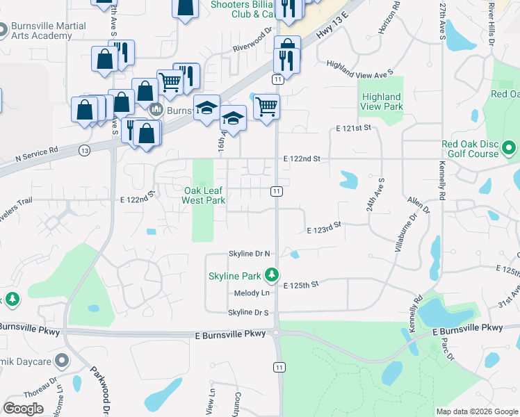 map of restaurants, bars, coffee shops, grocery stores, and more near 1820 East 123rd Street in Burnsville