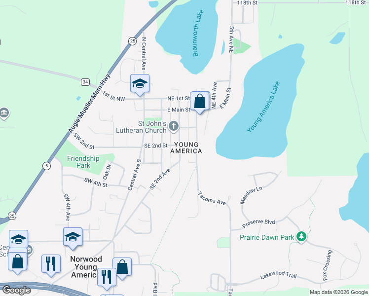 map of restaurants, bars, coffee shops, grocery stores, and more near in Norwood Young America