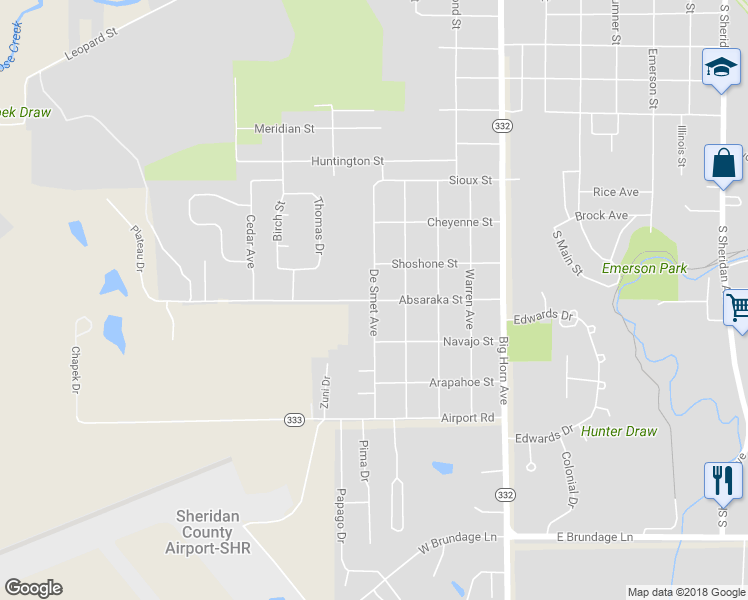 map of restaurants, bars, coffee shops, grocery stores, and more near 1598 De Smet Avenue in Sheridan