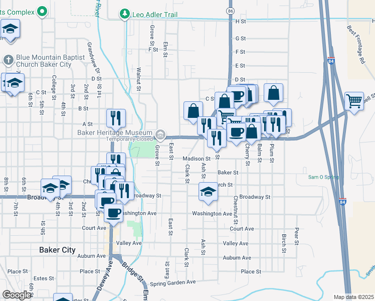 map of restaurants, bars, coffee shops, grocery stores, and more near 2445 Clark Street in Baker City