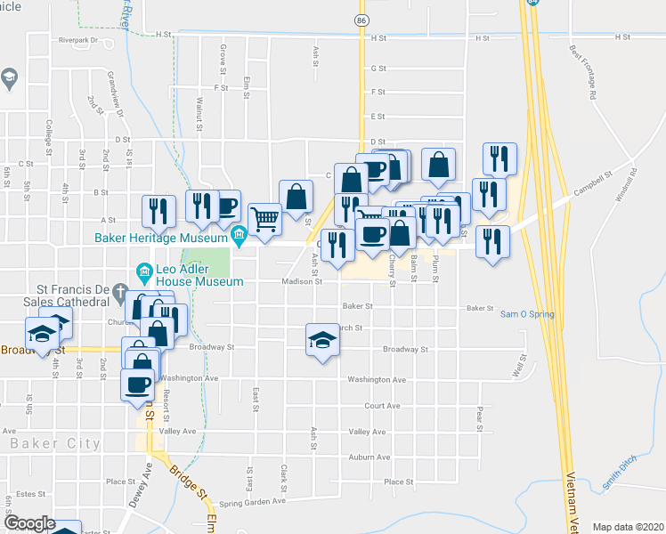 map of restaurants, bars, coffee shops, grocery stores, and more near in Baker City