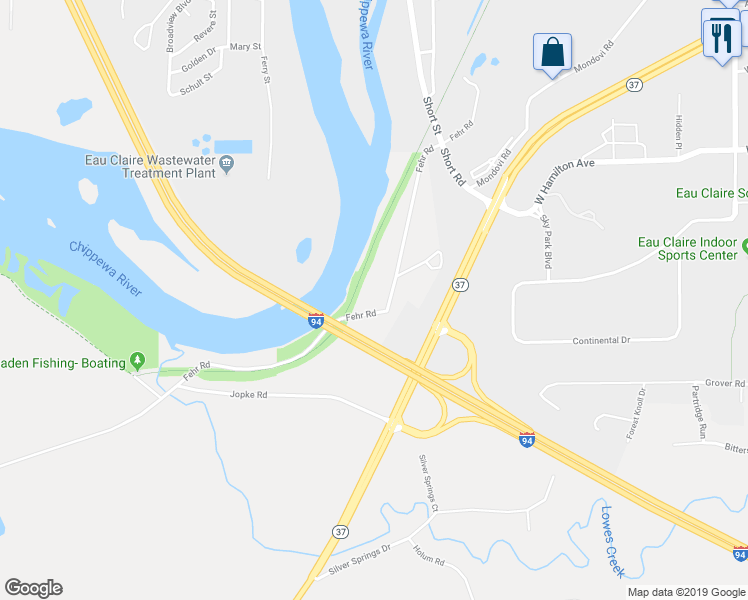 map of restaurants, bars, coffee shops, grocery stores, and more near S3447 Fehr Road in Eau Claire