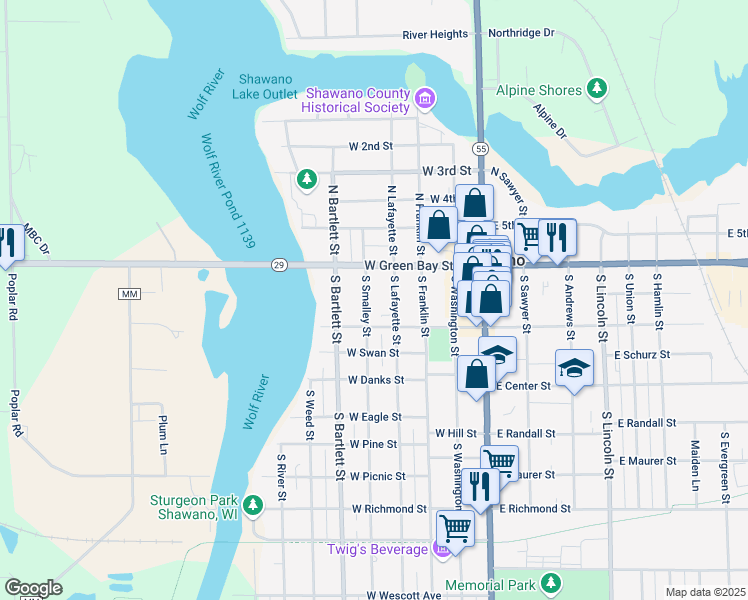 map of restaurants, bars, coffee shops, grocery stores, and more near 130 South Smalley Street in Shawano