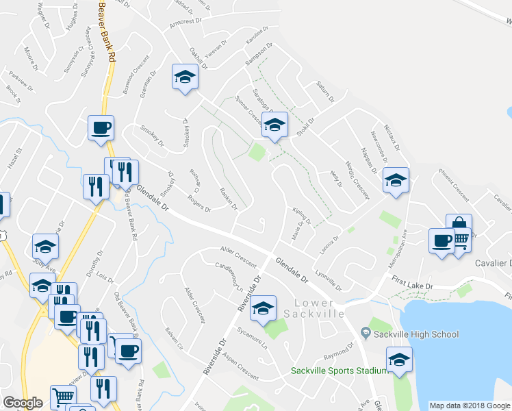 map of restaurants, bars, coffee shops, grocery stores, and more near 39 Rankin Drive in Lower Sackville